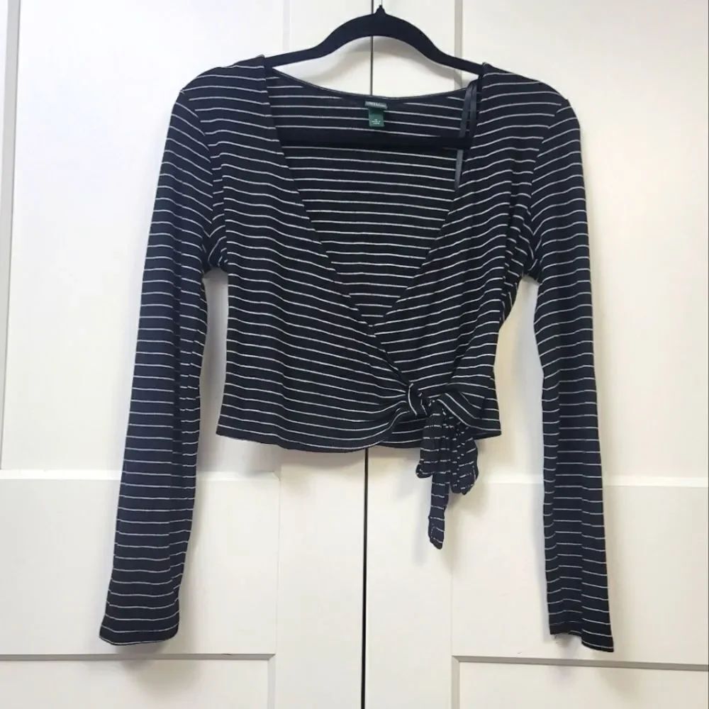Black and White Wrap Crop Blouse with Tie Front